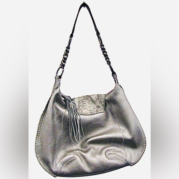 CHI BY CARLOS FALCHI Genuine Leather Snakeskin Silver Hobo Satchel $400 VINTAGE - Picture 5 of 5